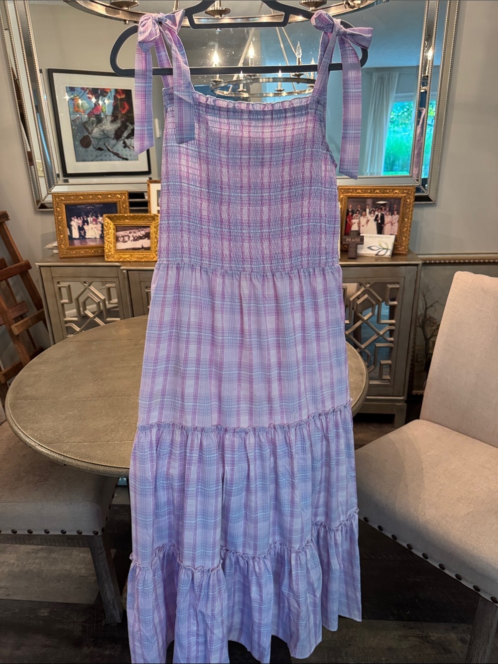 NWOT BOUTIQUE Light Purple Plaid Tie-Shoulder Maxi Dress